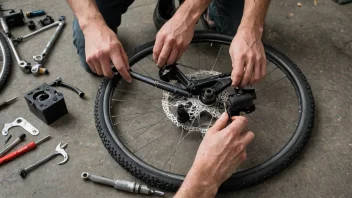 En person som bruker et bryteunderlag til å fikse en sykkel.