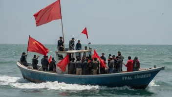 En fiskebåt med et rødt flagg som symboliserer en fiskekonflikt, med en gruppe mennesker som protesterer i bakgrunnen.