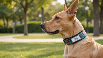 En hund som bærer en dekorativ hundekrage med en navneskilt.