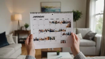 En person som holder en kalender med bilder, med en bakgrunn av en stue