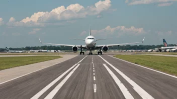 En landingsplate på en flyplass med et fly som lander i bakgrunnen.