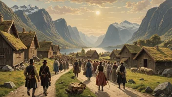 En illustrasjon av mennesker som forlater en landsby i Norge på 1800-tallet.