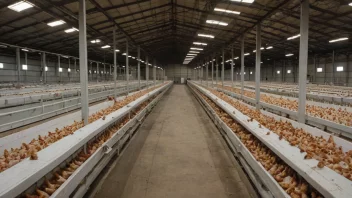 En stor fabrikkfarm med mange kyllinghus og et stort lager for egg og fjærkrekjøttprodukter