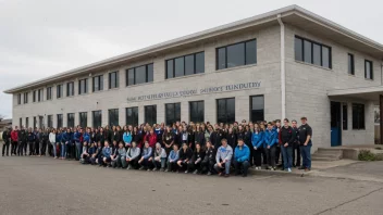 En fiskefagskolebygning med studenter utenfor