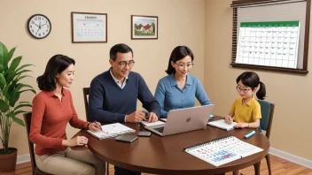 En familie på fire som sitter rundt et bord, med en kalender, en budsjettbok og en laptop, som symboliserer familieforvaltning og organisering.