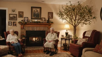 En varm og koselig stue med et stort familietre på veggen, og en bestemor som sitter i en gyngestol, omgitt av familiefoto og arvestykker.