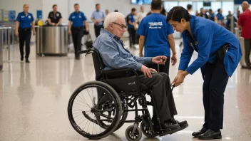 En person i rullestol som mottar assistanse fra en reisehjelp på en flyplass.