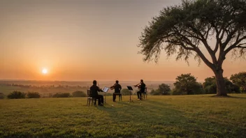 Et fredelig landskap med musikere som spiller musikk i det fjerne, med en varm solnedgang i bakgrunnen.