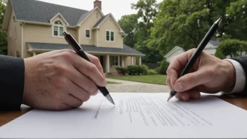 En person som signerer en kontrakt med et hus i bakgrunnen, symboliserer en boligkontrakt