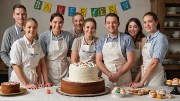 En gruppe bakere samlet rundt et bord med en stor kake, som representerer en bakerforening.