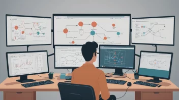 En person foran en dataskjerm med et flytdiagram eller diagram som viser forskjellige testscenarier.