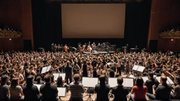 En kaotisk scene på en konsertscene med ødelagte instrumenter og skuffede publikummere.