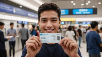 En person som holder en billett med et smil, med en uskarp bakgrunn av en billettluke eller en transportterminal.