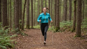 En person som løper med stokker i skogen, med et stort smil på ansiktet.