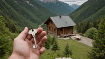 En person som holder en nøkkel til en hytte i fjellet.