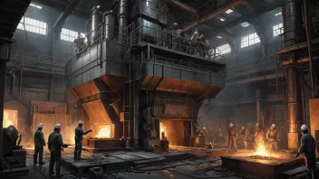 En illustrasjon av en metallsmeltingsprosess, som viser utvinningen av metall fra malm.