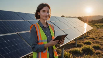 En solkraftforsvarer som står foran en solcellepark, og fremmer bruk av fornybar energi.