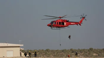 Et helikopter svever over et redningssted, med redningspersonale og utstyr synlig.