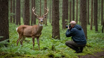 En person med et kamera som tar bilder av en hjort i en skog