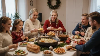 En varm og koselig scene av en tradisjonell norsk families feiring.