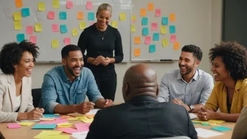 En gruppe mennesker fra ulike bakgrunner og aldersgrupper samlet rundt et bord, diskuterer og ler sammen, med en whiteboard i bakgrunnen fylt med fargerike lapper og ideer.