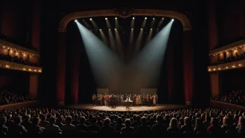 En teaterproduksjon med fullt hus og en bysilhuett i bakgrunnen.