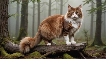 En vakker norsk skogkatt med en rødbrun pels og en buskete hale, sittende på en trestubbe i en tåkete skog.