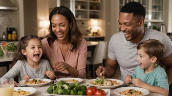 En familie som nyter et måltid sammen med glade barn