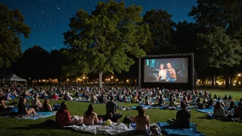 Et utendørskino i en park med en stor skjerm og folk som ser på film.