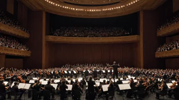 Et stort symfoniorkester som fremfører på en stor scene i en konsertsal.