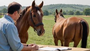 En person som registrerer en hest, med en veterinær i bakgrunnen, i en landlig setting.