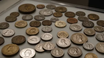 En myntutstilling med en rekke mynter og numismatiske objekter på utstilling.