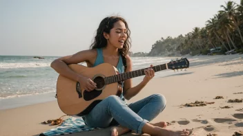 En person som sitter på en strand med en gitar og synger en sang om ferien sin.