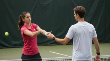 En tennisinstruktør i aksjon, underviser en elev i å serve