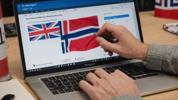 En person som justerer et budsjett på en dataskjerm, med et norsk flagg i bakgrunnen.