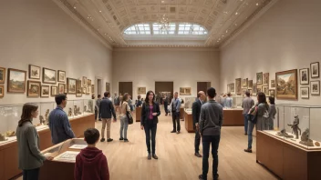 En detaljert illustrasjon av et museuminteriør med ulike utstillinger og besøkende som samhandler med dem, med fokus på de pedagogiske og interaktive aspektene ved museumsdidaktikk.