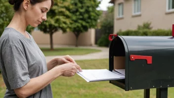 En person som vender et brev, med en postkasse eller et postkontor i bakgrunnen