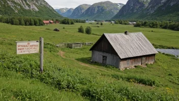 Et gammelt norsk gårdsbruk med et skilt som viser gårdens navn.