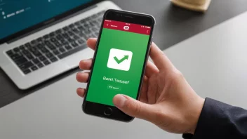 En person som holder en smarttelefon med en bankoverføringsapp åpen, som indikerer en vellykket transaksjon.