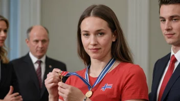 En person mottar en medalje eller utmerkelse, med et norsk flagg i bakgrunnen