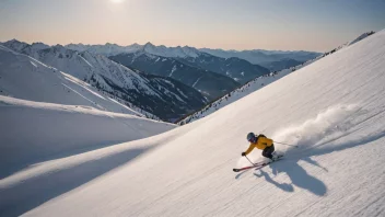 En person som kjører ned en kurvet bakke på ski, med et pittoreskt fjellandskap i bakgrunnen.