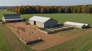 En stor hønsfarm med mange hønsehus og et stort bondehus i bakgrunnen