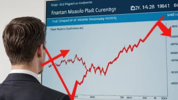 En graf som viser en nedgang i valutaverdi, med en rød pil som peker nedover og en bekymret forretningsmann i bakgrunnen.