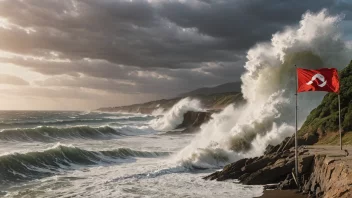 Et bilde av et kystområde med en stor bølge som slår mot stranden, symboliserer trusselen fra havstigning.