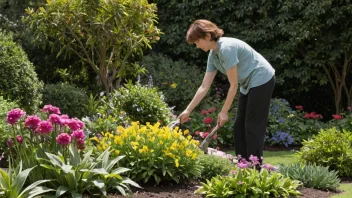 En person i en hage, omgitt av blomster og planter, med et hageverktøy i hånden