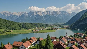 Et malerisk landskap av Slovenia med fjell, innsjø og en tradisjonell landsby.