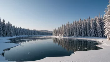 En frossen innsjø med et lag av is i et vinterlandskap.