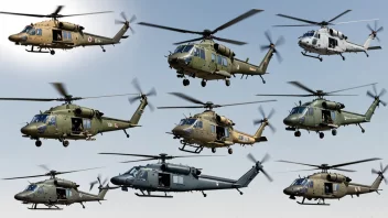 Et bilde som viser ulike typer helikoptre i forskjellige miljøer.