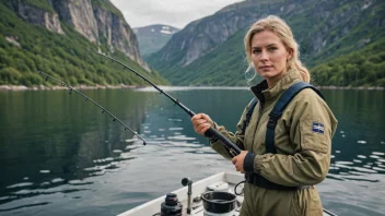 En kvinnelig fisker i Norge, stående på en båt, iført fiskeutstyr og holder et fiskestang.