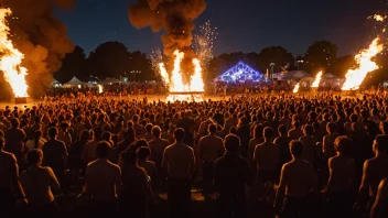 En ildforestilling på en festival, med en stor folkemengde som ser på i beundring.